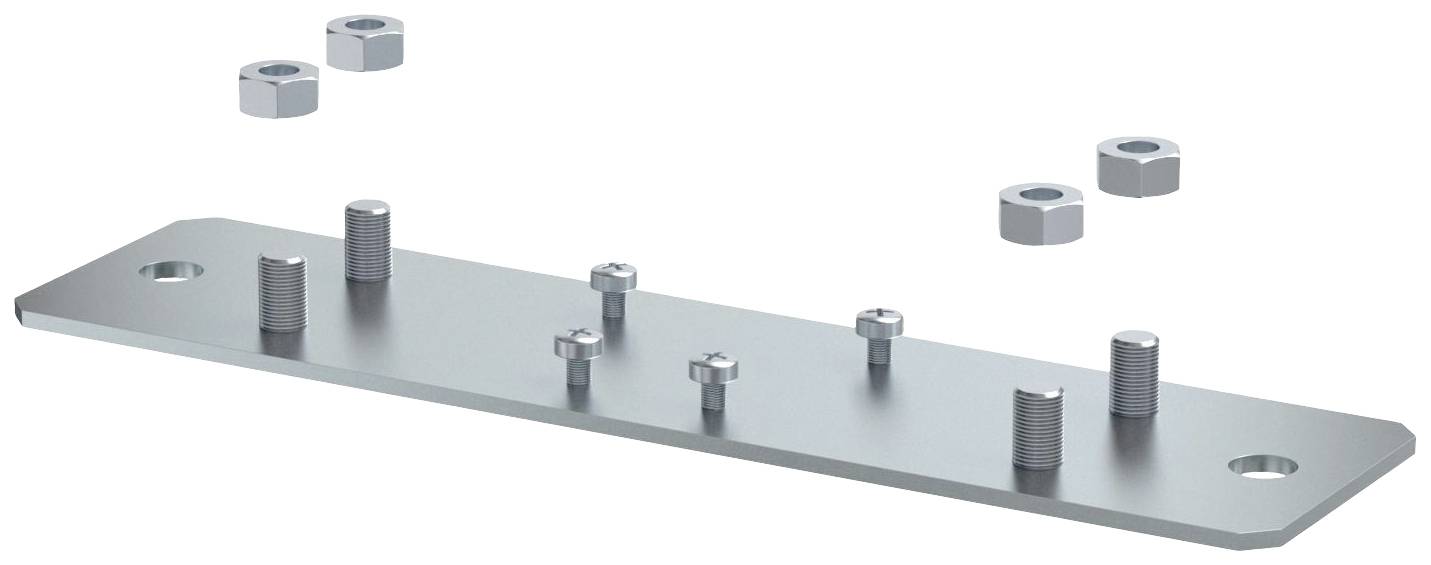 Metallplatte mit mehreren Schrauben und Muttern. Die Platte hat Löcher an den Enden und ist glatt. Schrauben und Muttern unterschiedlich groß.