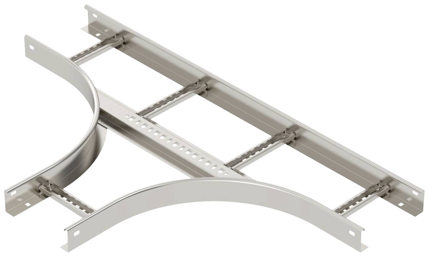 Kabelrinnen-Adapter aus Metall mit einer Kurve, zeigt den Übergang zwischen zwei parallelen Kabelrinnen.