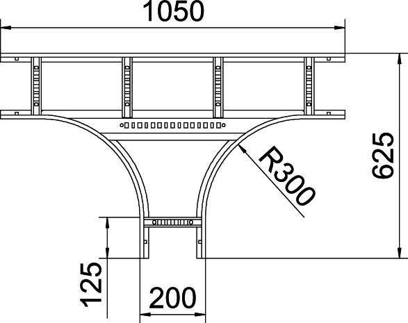 Technische Zeichnung eines Kabelträgersystems mit Maßen: Breite 1050 mm, Höhe 625 mm, Bogenradius 300 mm, Segmenthöhe 125 mm.
