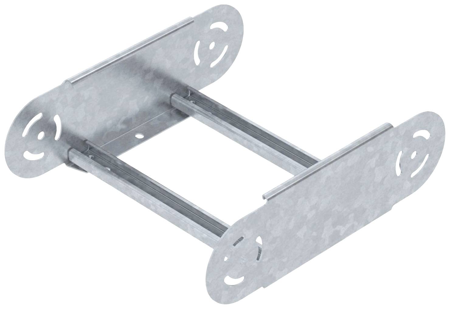 Ein rechteckiger Metallverbinder mit ovalen Enden und Schraubenlöchern, geeignet zur Befestigung von Bauelementen in der Konstruktion.