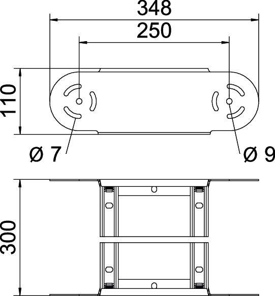 Technische Zeichnung eines Metallträgers mit Maßen: 348 mm Länge, 110 mm Breite, 300 mm Höhe. Bohrungen Ø 7 mm und Ø 9 mm.