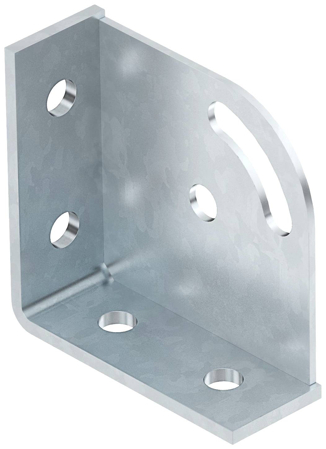 Ein Metallwinkel mit vier Bohrlöchern zur Befestigung, geeignet für Eckverbindungen in Konstruktionen.