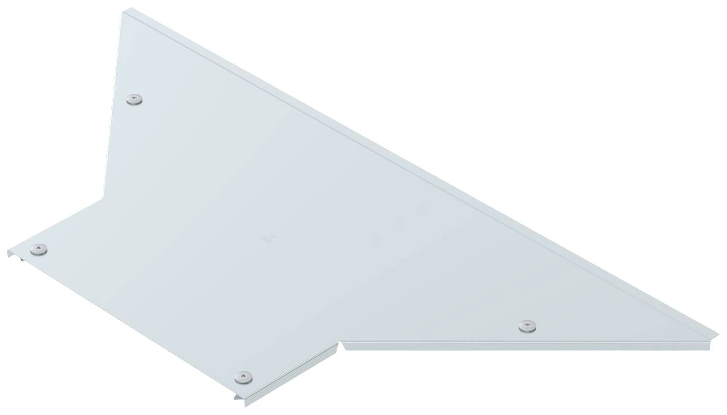 Ein dreieckiges, transparentes Glasscheibenelement mit vier sichtbaren Befestigungsschrauben in den Ecken.