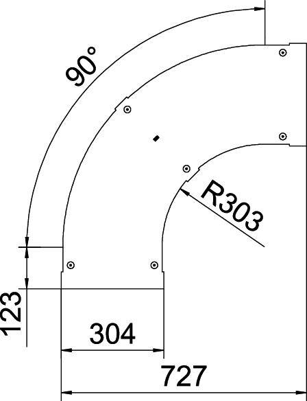 Technische Zeichnung eines 90-Grad-Bogens mit Radien und Maßen: Radius 303, horizontale Länge 727, vertikale Höhe 123.