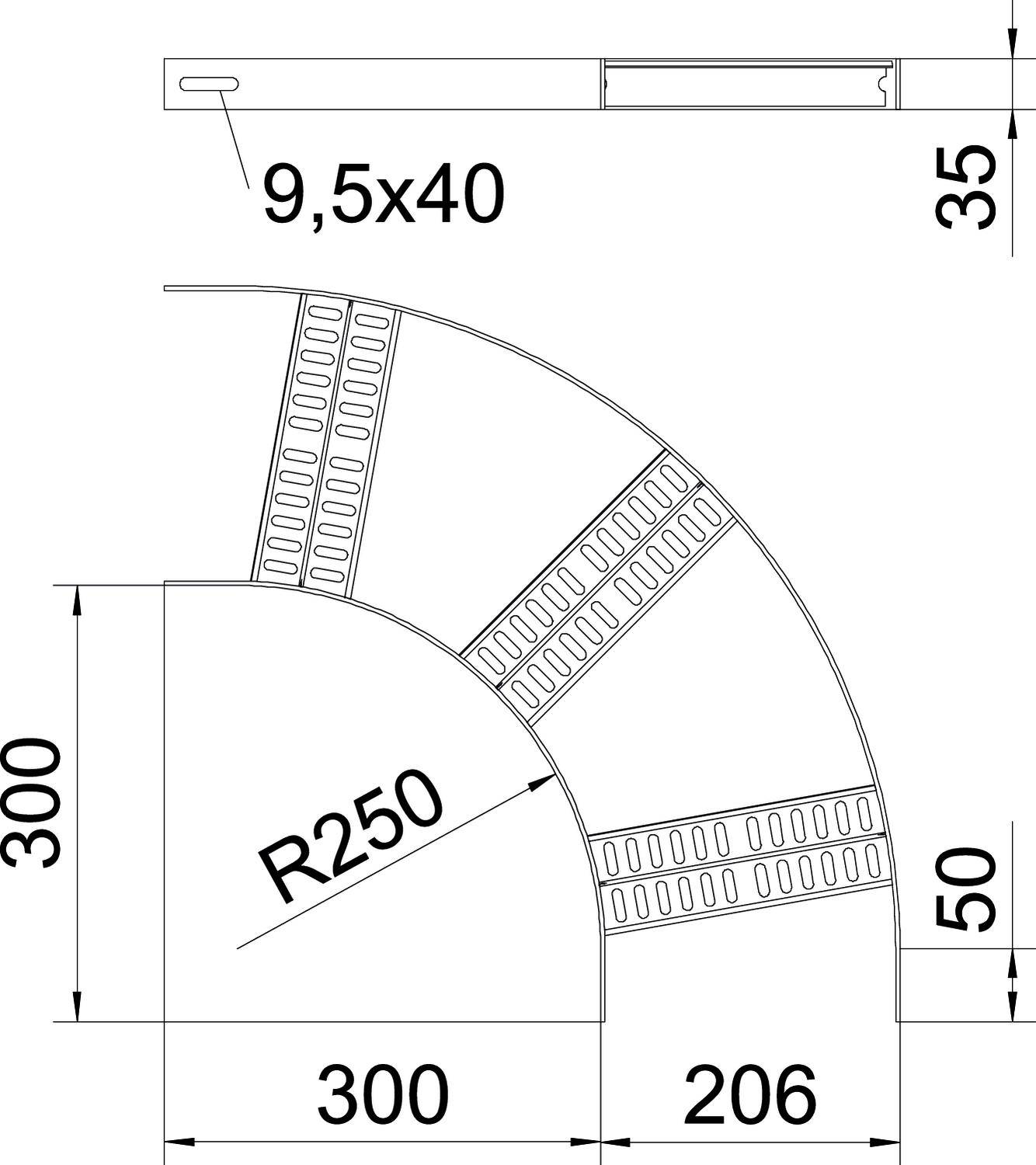 Technische Zeichnung einer Treppe mit Bemaßungen: Radius R250, horizontal 300, vertikal 300 und 206. Schraubendetails: 9,5x40.