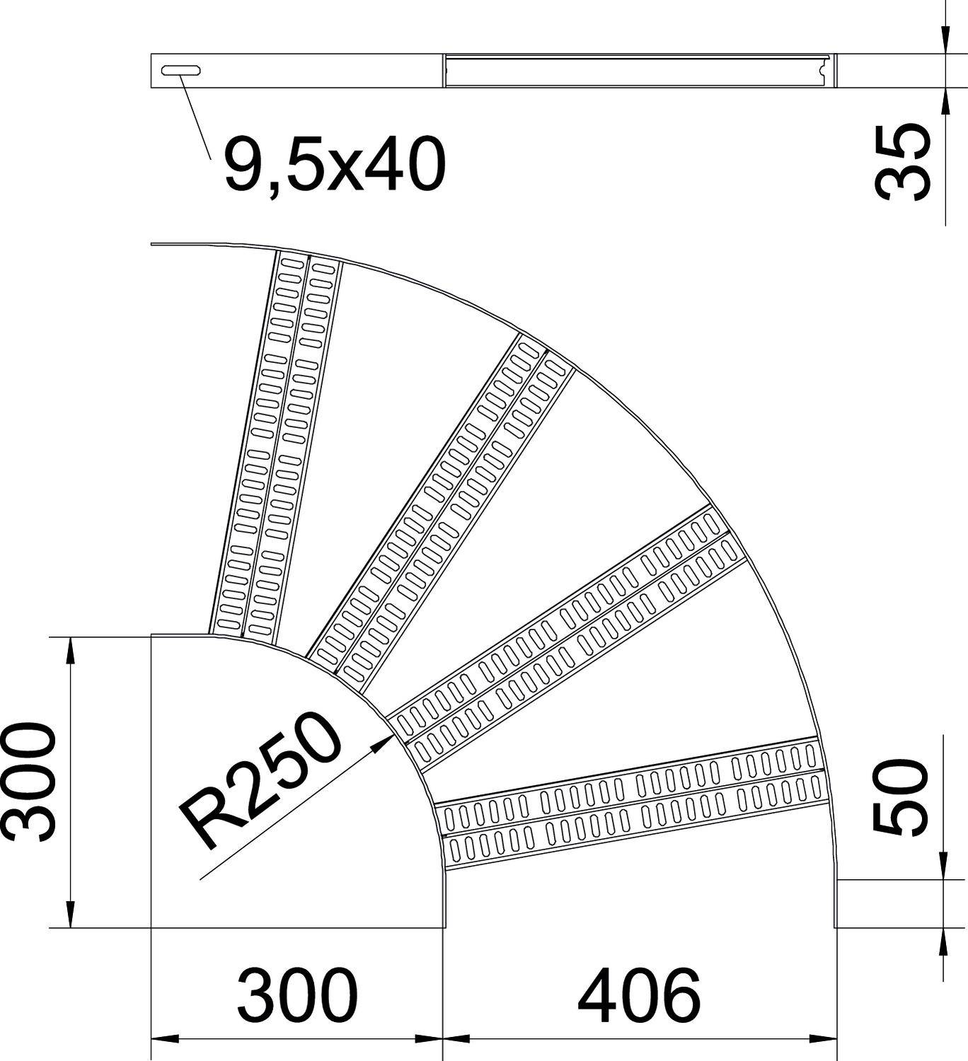 Technische Zeichnung einer Treppe im Viertelkreis mit sechs Stufen. Radien und Abmessungen sind angegeben: 300mm, 406mm, R250.