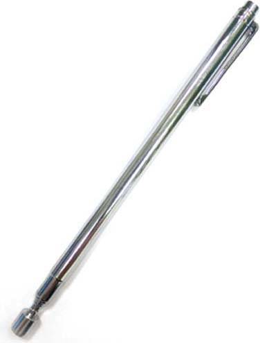 Ein silberner Teleskopmagnet mit Clip liegt auf einem weißen Hintergrund. Ideal zum Aufheben von Metallgegenständen in schwer erreichbaren Bereichen.