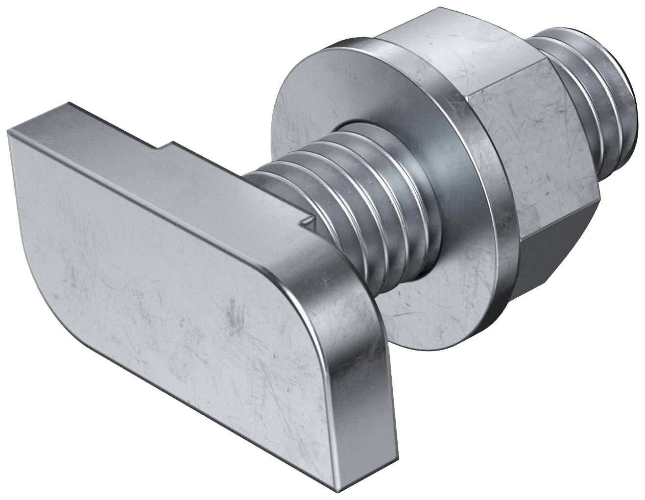 Schraube mit Flügelmutter in Silber, seitlich liegend. Sie hat ein gerändeltes Gewinde und eine breite, flache Flügelform.