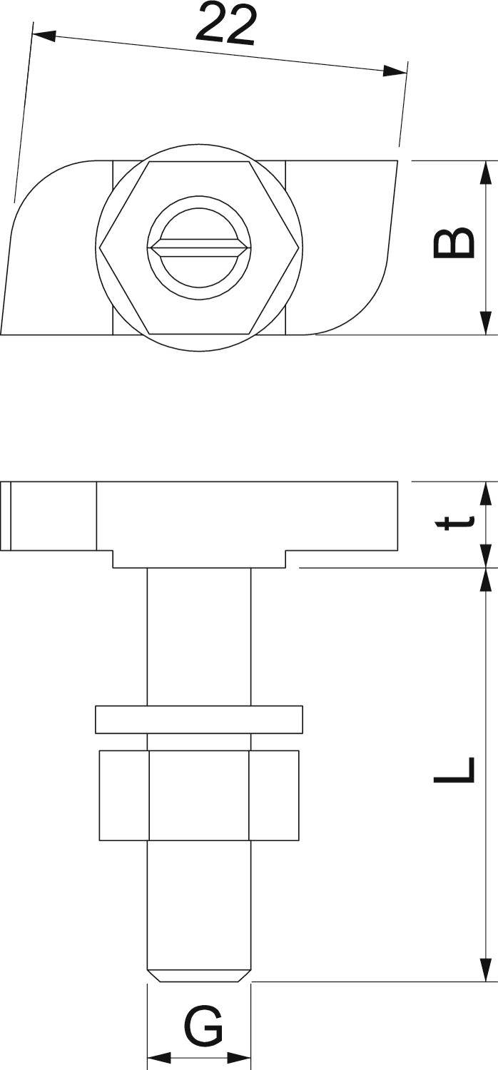 Technische Zeichnung eines Bolzens mit Maßen. Oben: Länge 22, Höhe B. Unten: Länge L, Dicke t, Gewinde G.