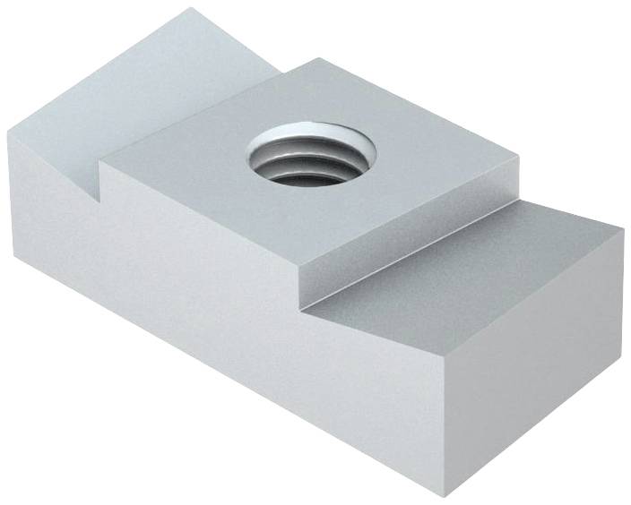 Silbernes, rechteckiges mechanisches Bauteil mit Gewindeloch in der Mitte, das als Befestigungselement dienen kann.