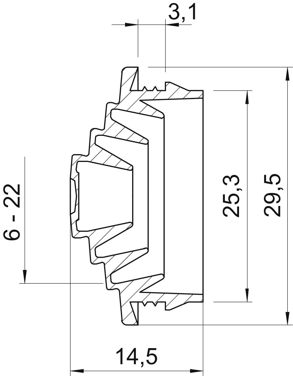 Technische Zeichnung eines Zahnrads im Querschnitt. Maße: Breite 14,5 mm, Höhe 29,5 mm, Innendurchmesser 6-22 mm, Außendurchmesser 25,3 mm.
