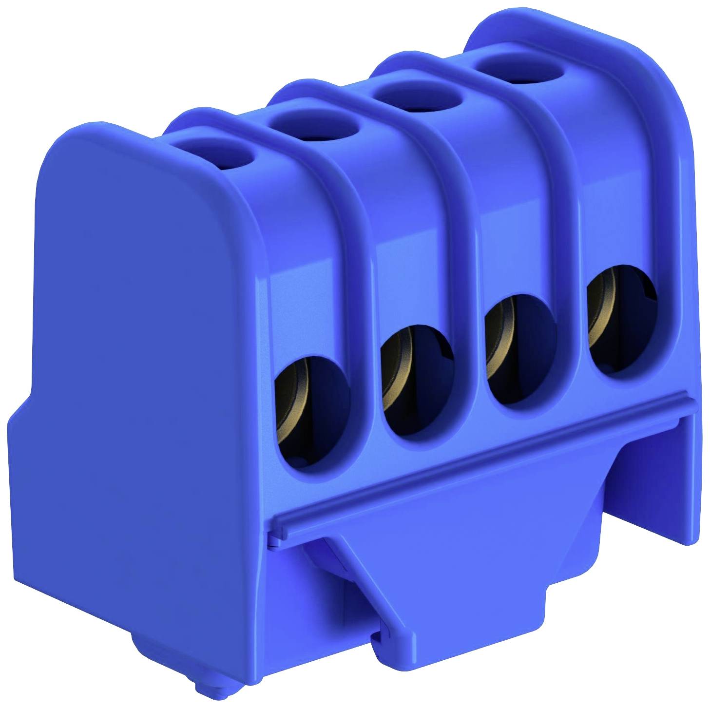 Blauer elektrischer Steckverbinder mit fünf Anschlusslöchern und klemmartigem Mechanismus, zur Verbindung von Drähten in Installationen.