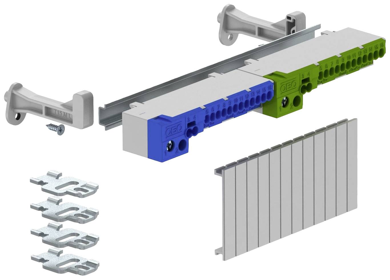 Montageset für Hutschienen: Enthält Klemmen in Blau und Grün, Halterungen, Schraube und Metallklammern. Verwendet für elektrische Installationen.