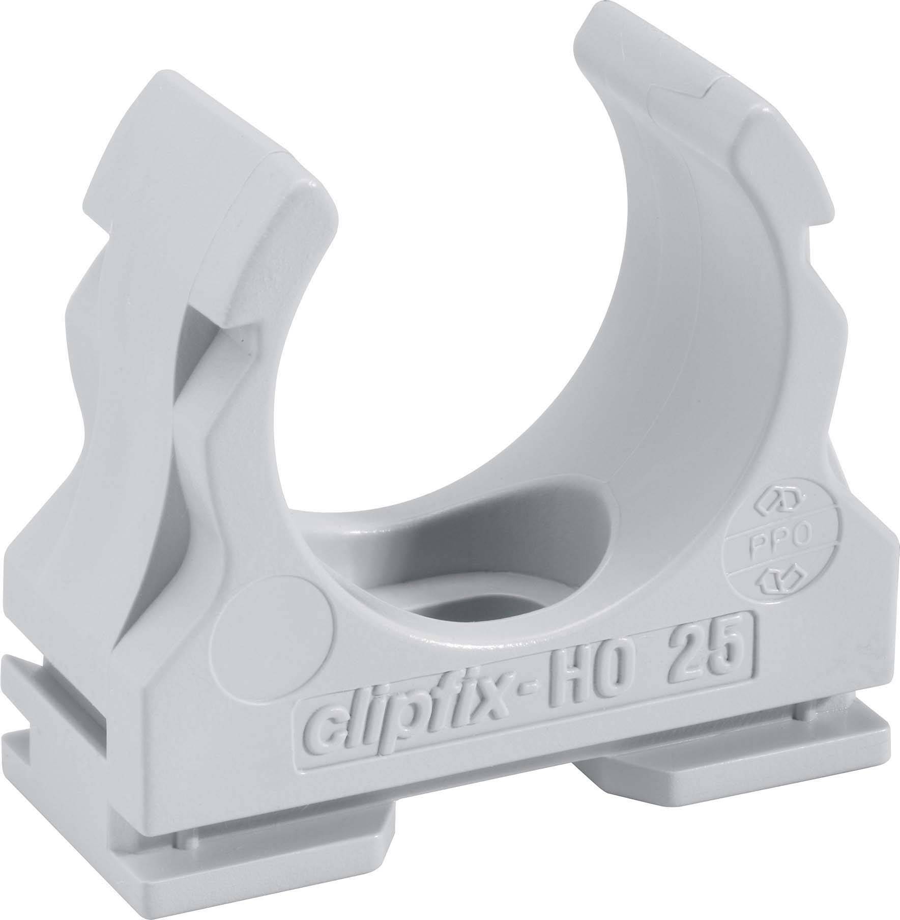 Grauer Kunststoffrohrhalter mit der Aufschrift 'clipfix-HO 25', geeignet zur Montage von Rohren, Kabeln oder ähnlichen Objekten.