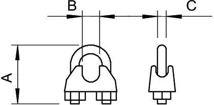 Diagramm einer Seilklemme mit Maßen A, B und C, die Länge und Abstand der Komponenten darstellen. Ansicht von vorne und der Seite.