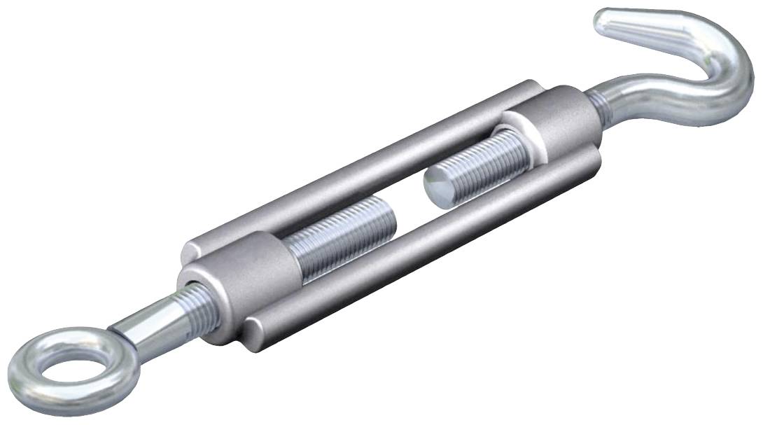 Ein Spannschloss mit Haken- und Ösenenden, aus Metall. Wird zum Justieren der Spannung von Seilen oder Drähten verwendet.