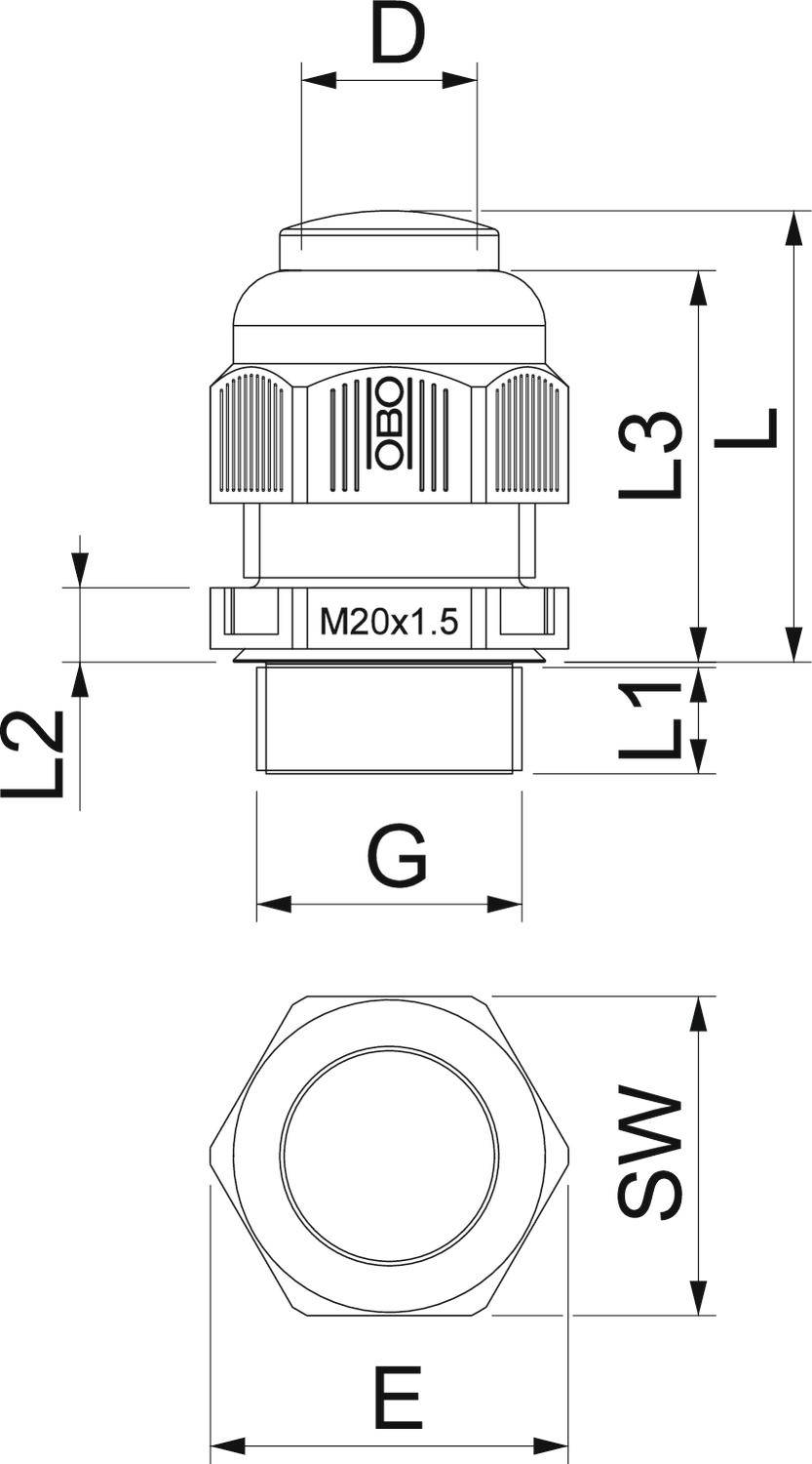 Technische Zeichnung einer Kabelverschraubung mit Maßen: L, L1, L2, L3, D, G, SW, E. Bezeichnung 'M20x1.5'.