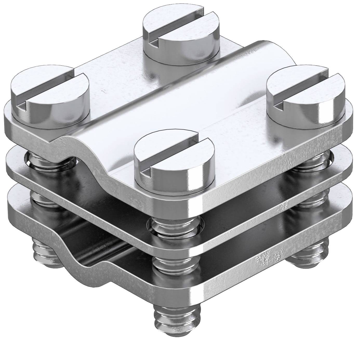 Ein silbernes Metallobjekt mit mehreren Schichten und Schrauben. Es hat eine industrielle oder mechanische Funktion.