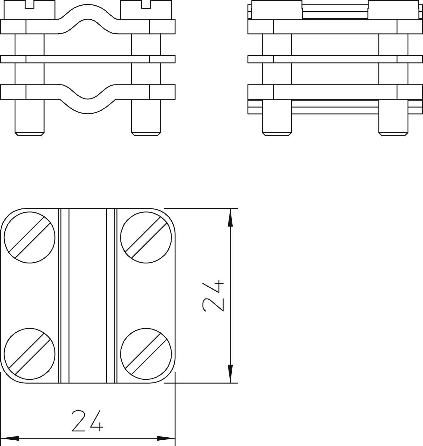 Technische Zeichnung einer mechanischen Komponente mit drei Ansichten: Vorderansicht, Seitenansicht und Draufsicht, jeweils mit Maßangaben 24x24 mm.
