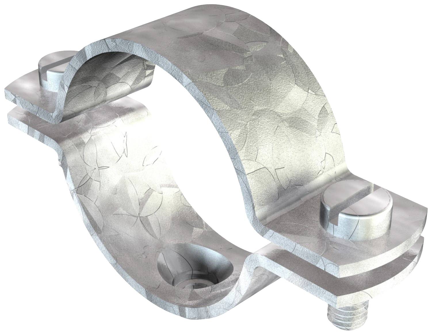 Metallschelle mit zwei Schrauben, die zum Befestigen von Rohren oder Kabeln verwendet wird. Die Struktur ist metallisch und gebogen.