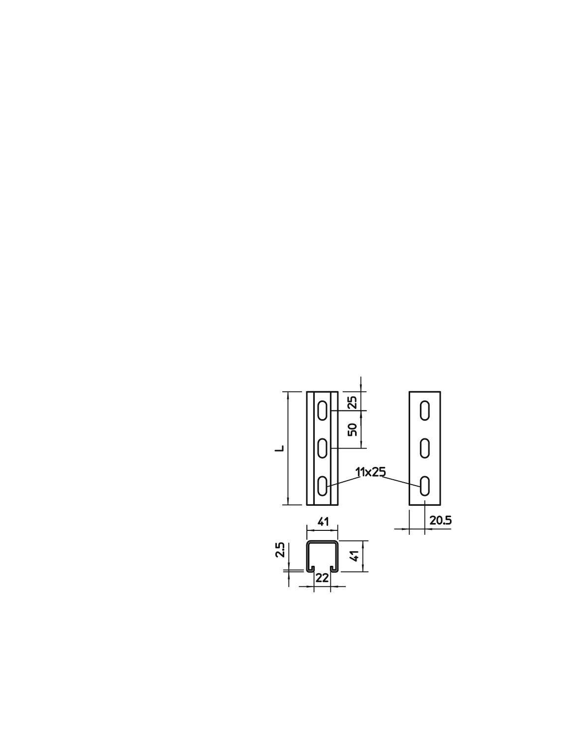 Technische Zeichnung eines Metallprofils mit Maßen. Hauptteil: 41 x 20,5 mm, Lochposition: 1 x 25 mm. Seitenansicht: 25 x 5 mm.