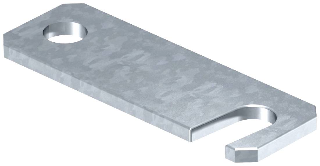 Metallplatte mit rechteckiger Form, einem runden Loch am oberen Ende und einem offenen Schlitz unten auf einem weißen Hintergrund.