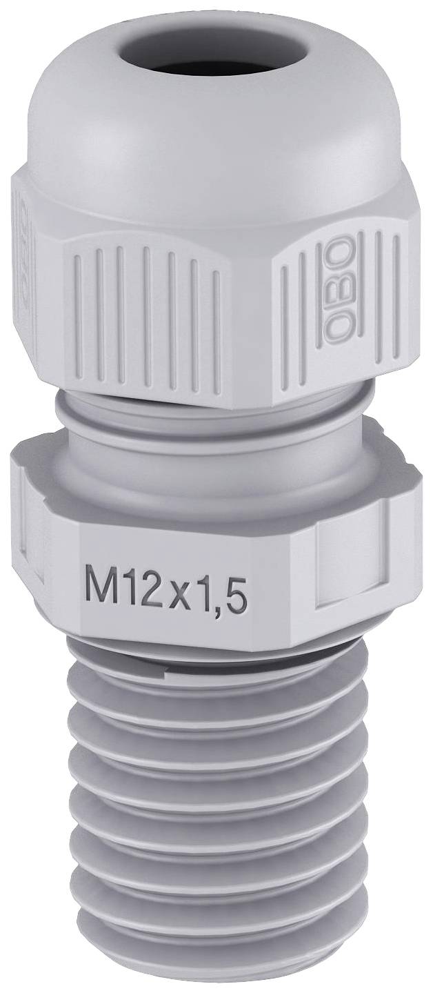 Grauer Verschraubungsstecker mit Gewinde und Aufschrift 'M12x1,5', geeignet für Kabelverbindungen.