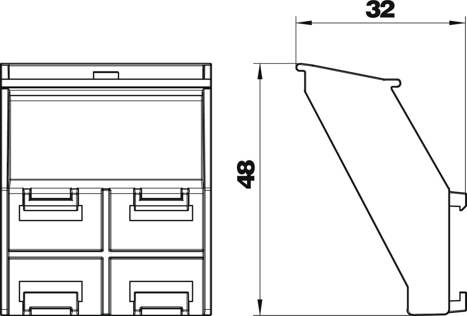 Technische Zeichnung eines Regals mit vier Schubladen, Front- und Seitenansicht. Maße sind 32 cm Breite und 48 cm Höhe angegeben.