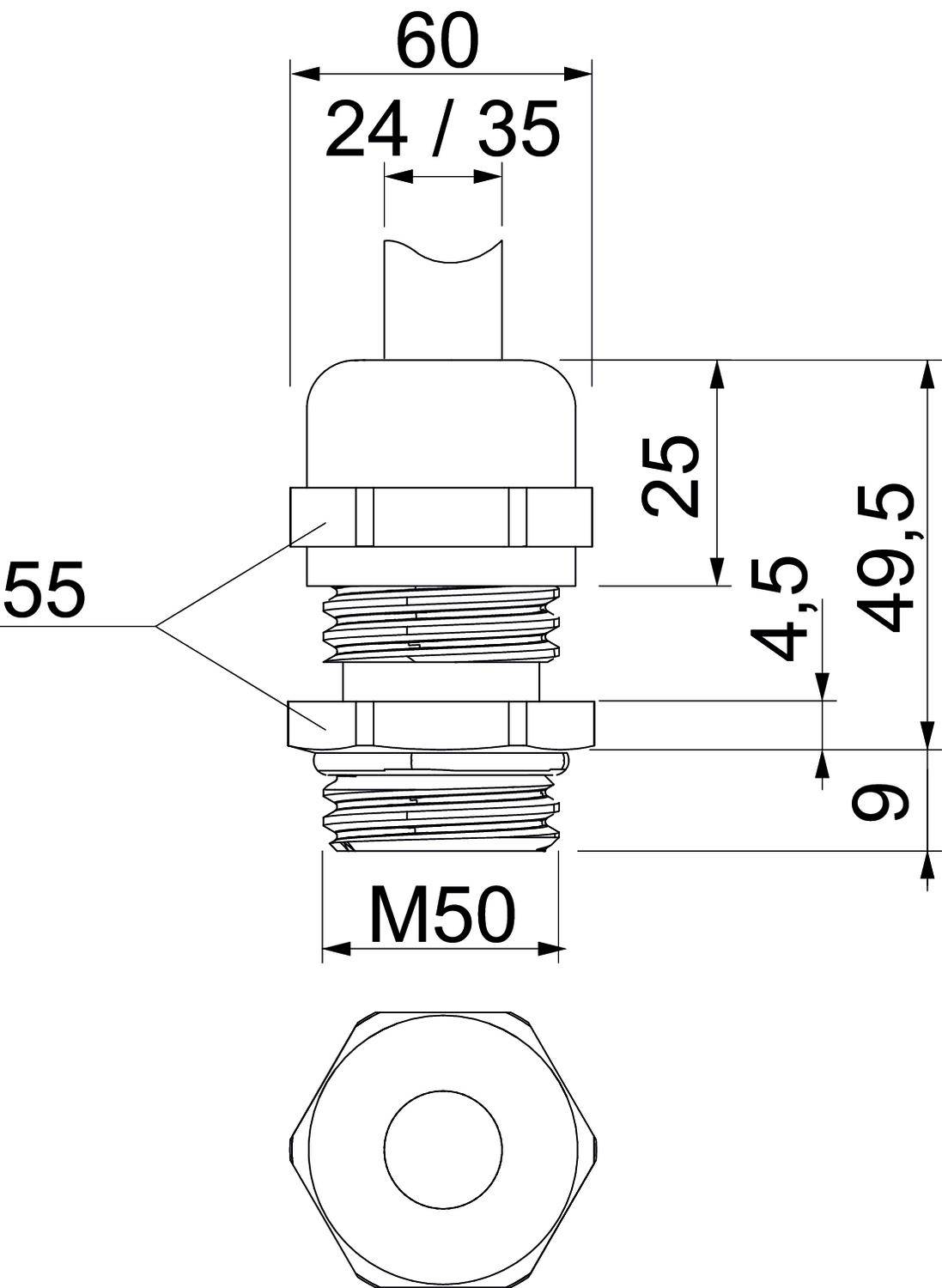Technische Zeichnung eines mechanischen Teils mit Maßen: Höhe 60 mm, Breite 24/35 mm, Gewinde M50, weitere Maße 55, 25, 4,5 und 49,5 mm.