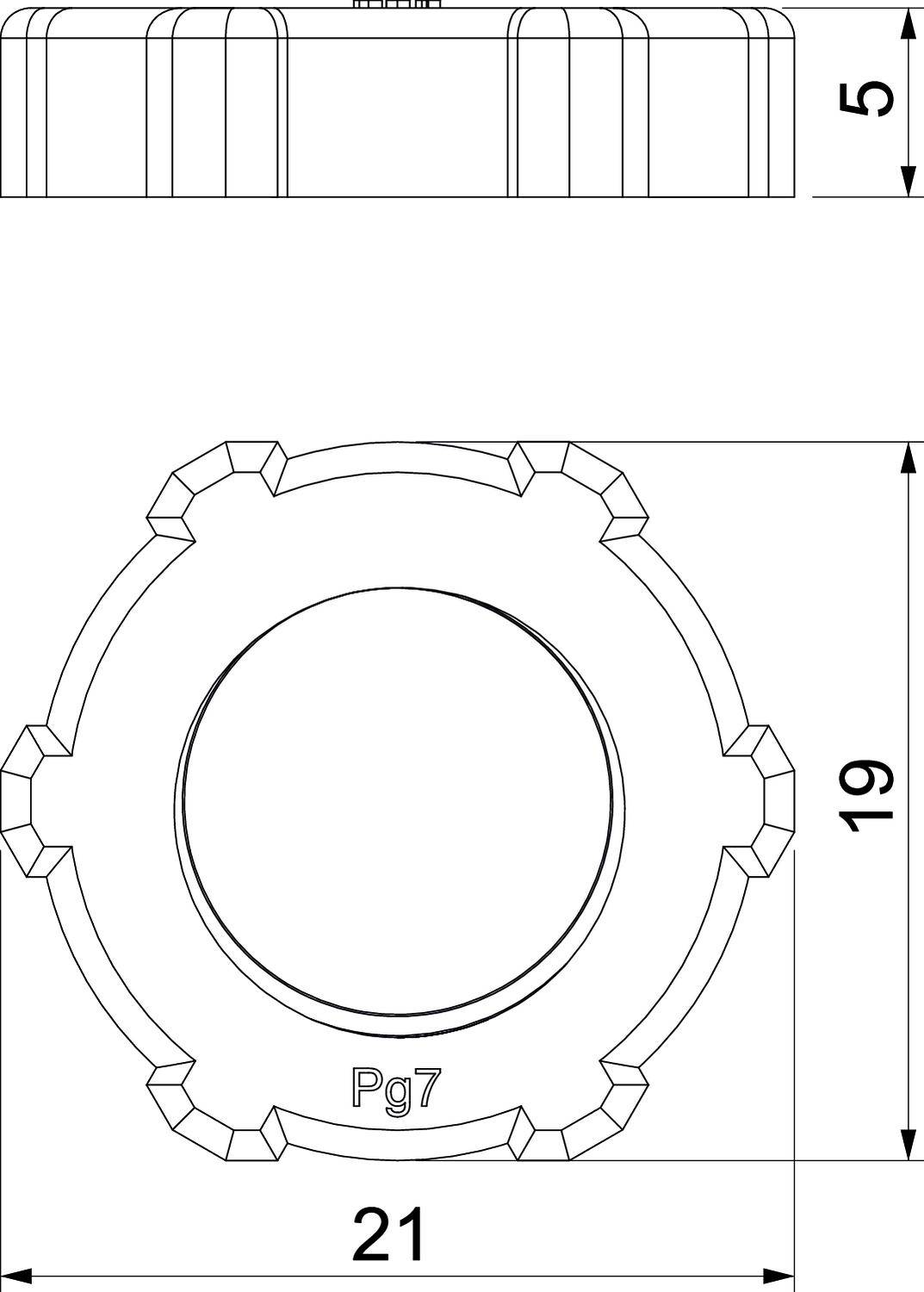 Technische Zeichnung eines runden Verschlusses mit Kerben an den Seiten. Oben Ansicht von der Seite, unten Draufsicht mit Maßen 21 und 19. Markiert mit 'Pg7'.