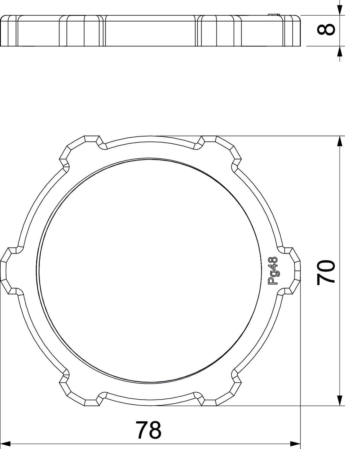 Industrielles Bauteil: Rund mit sechs seitlichen Einbuchtungen und Nummer 'P-848'. Maße: Durchmesser 78 mm, Höhe 8 mm, Höhe inklusive Einbuchtungen 70 mm.