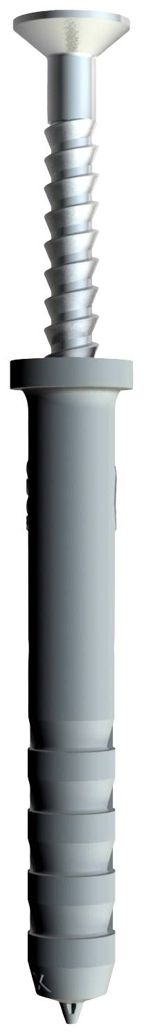 Ein grauer Universaldübel mit Schraube, geeignet für Befestigungen in Betonwänden, Holz oder Gipskarton.