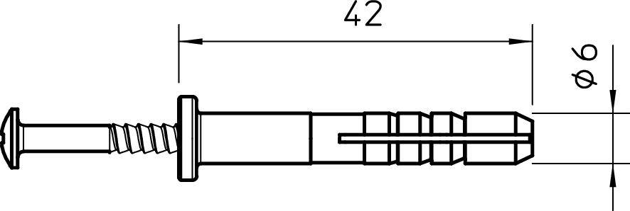 Technische Zeichnung eines Schraubendübels mit Maßen: Gesamtlänge 42 mm, Durchmesser 6 mm. Zeigt Details von Gewinde und Dübel.