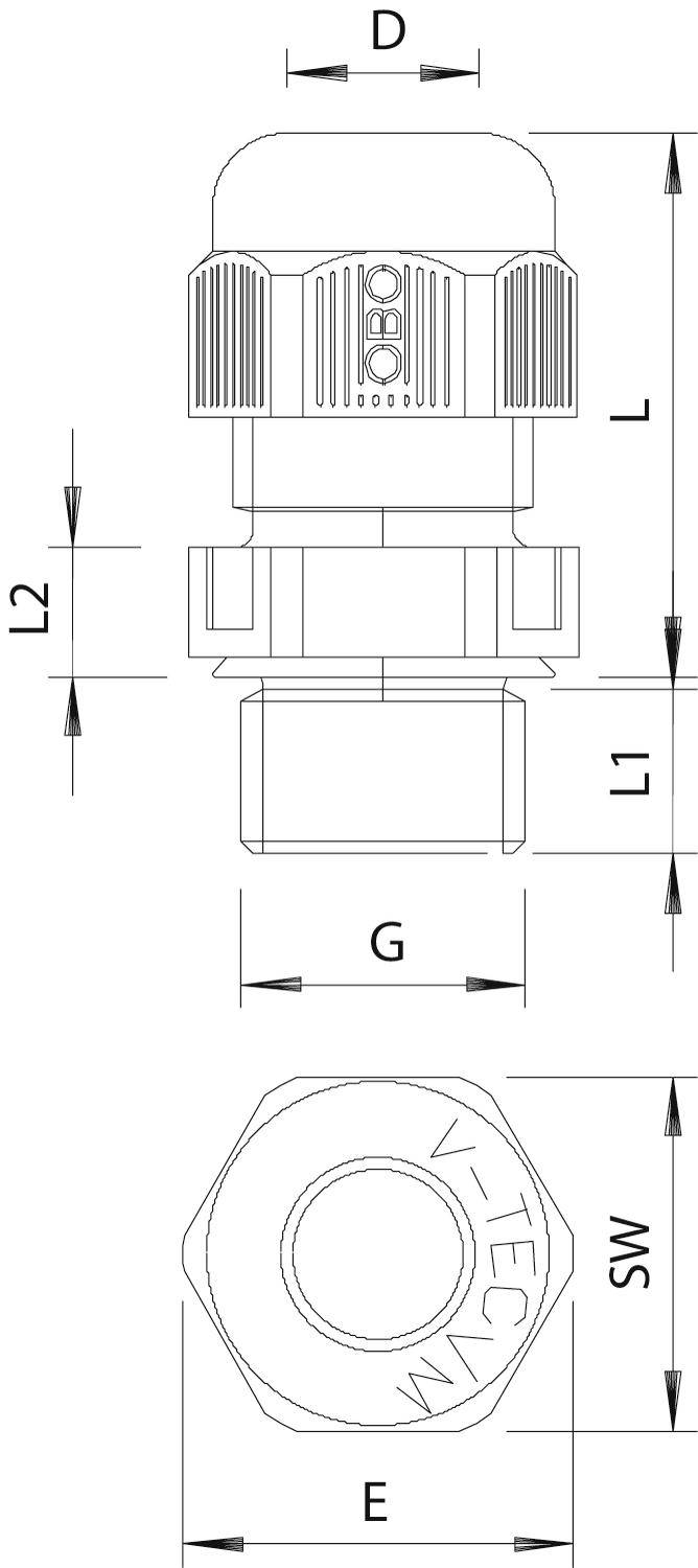 Technische Zeichnung eines Kabelverschraubungssystems mit Abmessungen für Längen, Durchmesser und Gewindegrößen, seitliche und obere Ansichten.