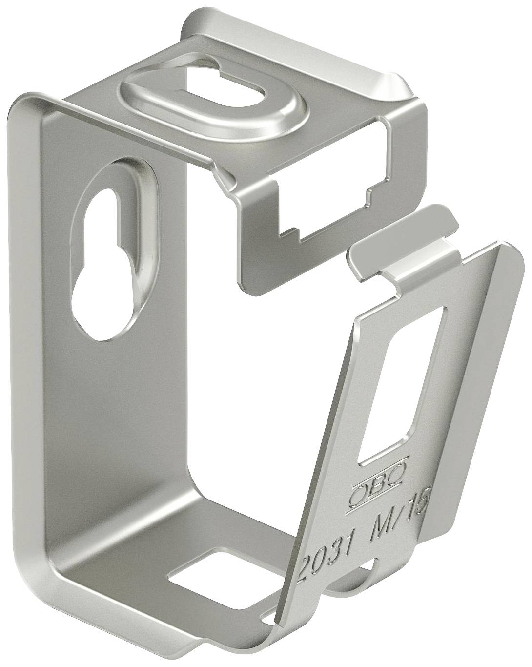 Metallene Kabelbefestigungsschelle mit eckigem Design und zwei Befestigungslöchern. Geeignet für die sichere Fixierung von Kabeln.