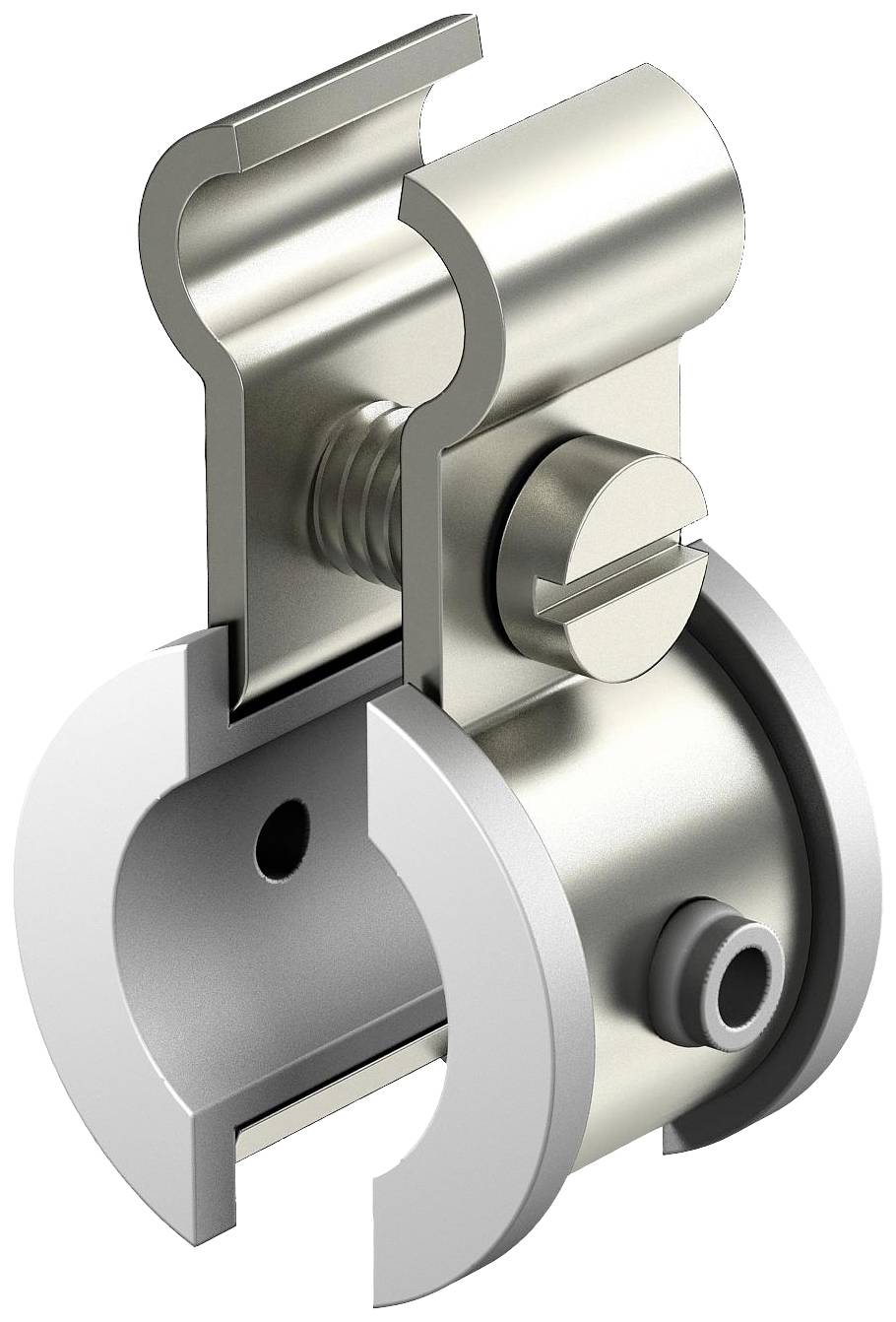 Metallische Rohrklemme mit Schraubmechanismus, geeignet zum Befestigen von Rohren an Strukturen. Enthält justierbare Komponenten.