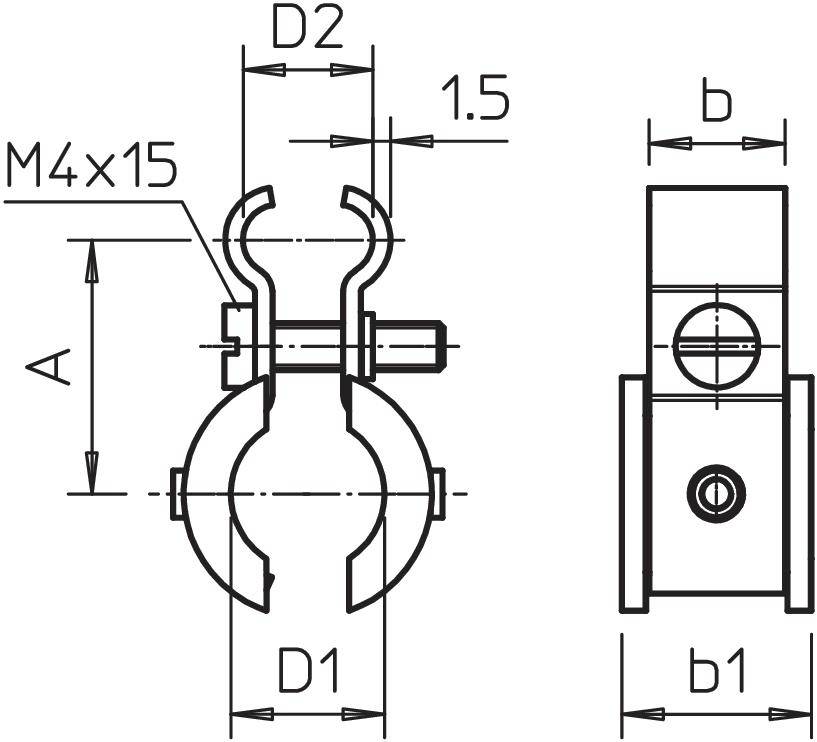 Technische Zeichnung einer Rohrschelle mit Maßen: D1, D2, A, b, b1. Schraubenangabe M4x15. Maßangaben in Millimetern.