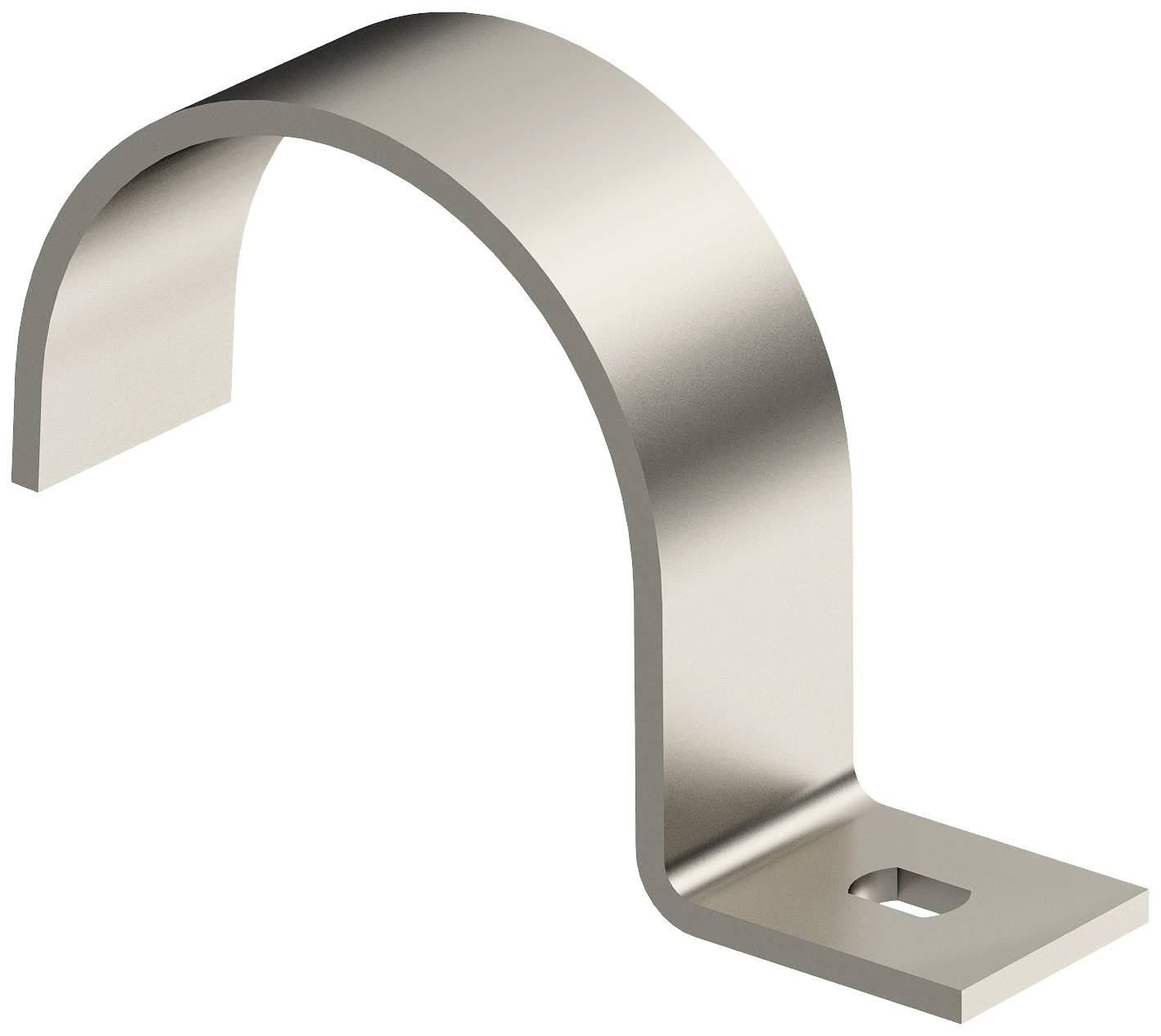 Metallhalteklammer in U-Form mit Loch am Fuß, vermutlich zur Befestigung von Kabeln oder Rohren.