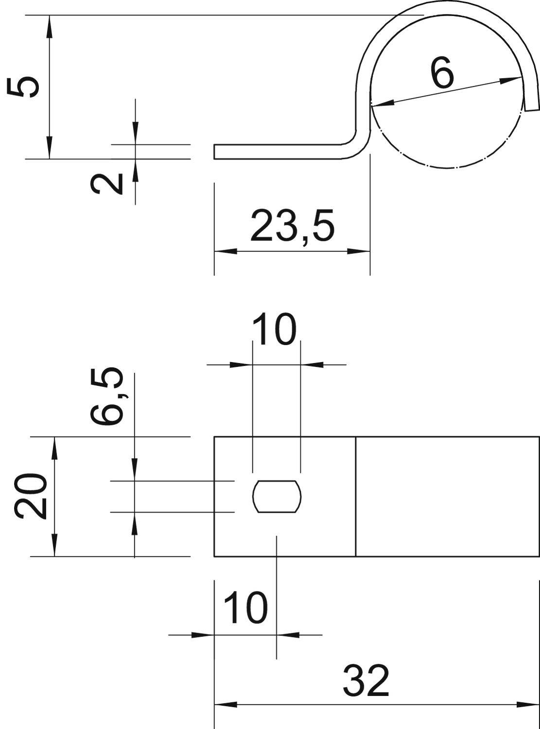 Technische Zeichnung eines Metallhakens mit Maßangaben: Länge 32 mm, Breite 20 mm, Hakenöffnung 6 mm. Verschiedene Ansichten.