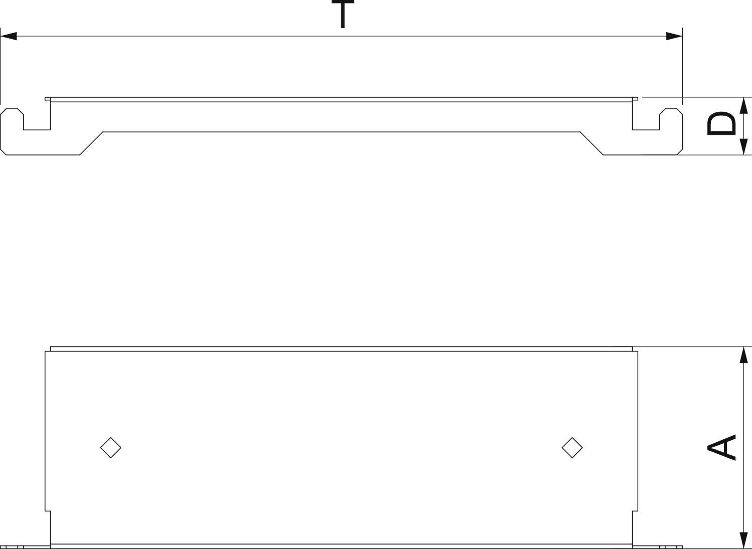 Technische Zeichnung eines rechteckigen Bauteils mit angegebenen Maßen T, D und A. Das Bauteil hat oben eine Einbuchtung.