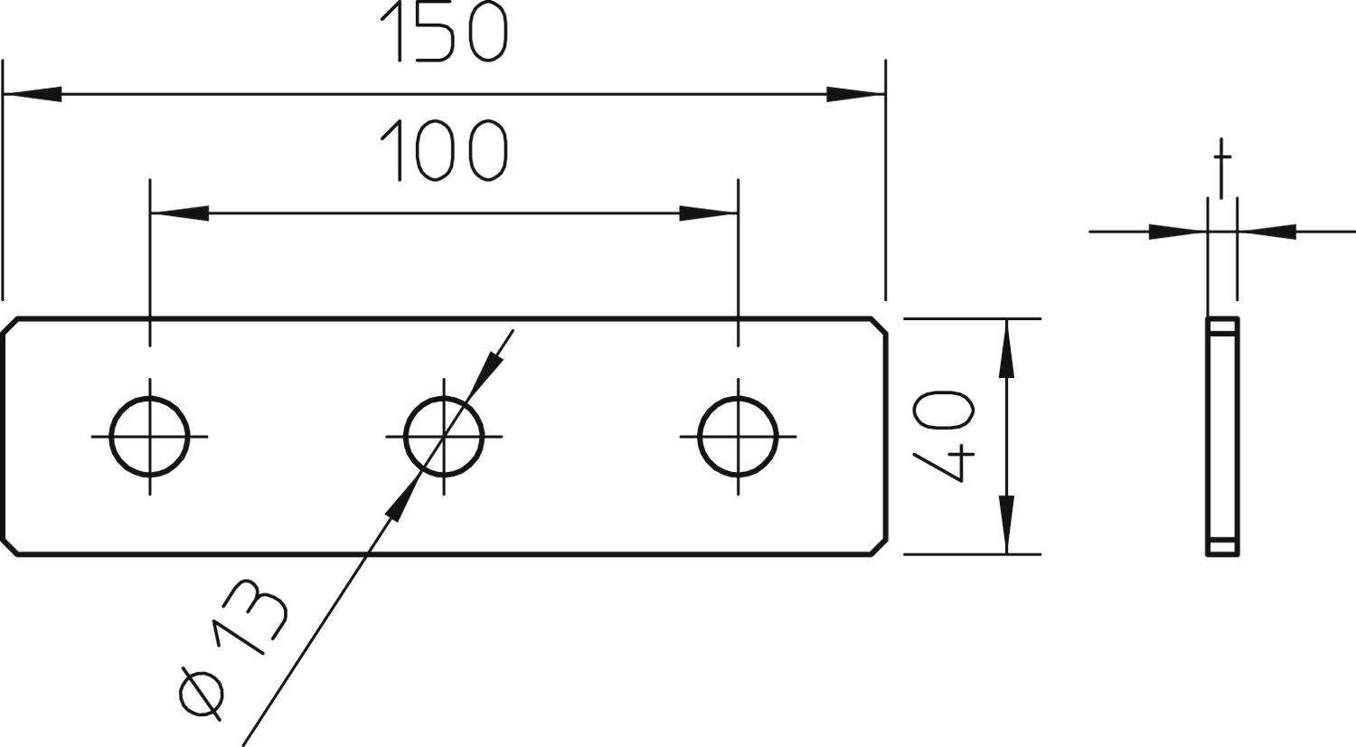 Technische Zeichnung eines rechteckigen Metallblechs, 150 mm x 40 mm, mit drei Bohrungen (Ø 13 mm) im Abstand von 50 mm zueinander.