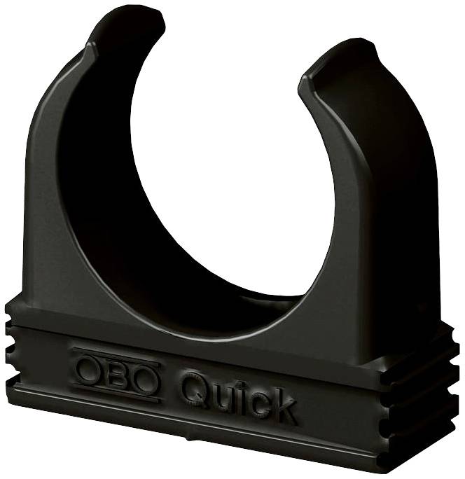 Ein schwarzer Kunststoff-Rohrclip mit der Aufschrift 'OBO Quick', entworfen zur sicheren Befestigung von Rohren an Wänden oder Decken.