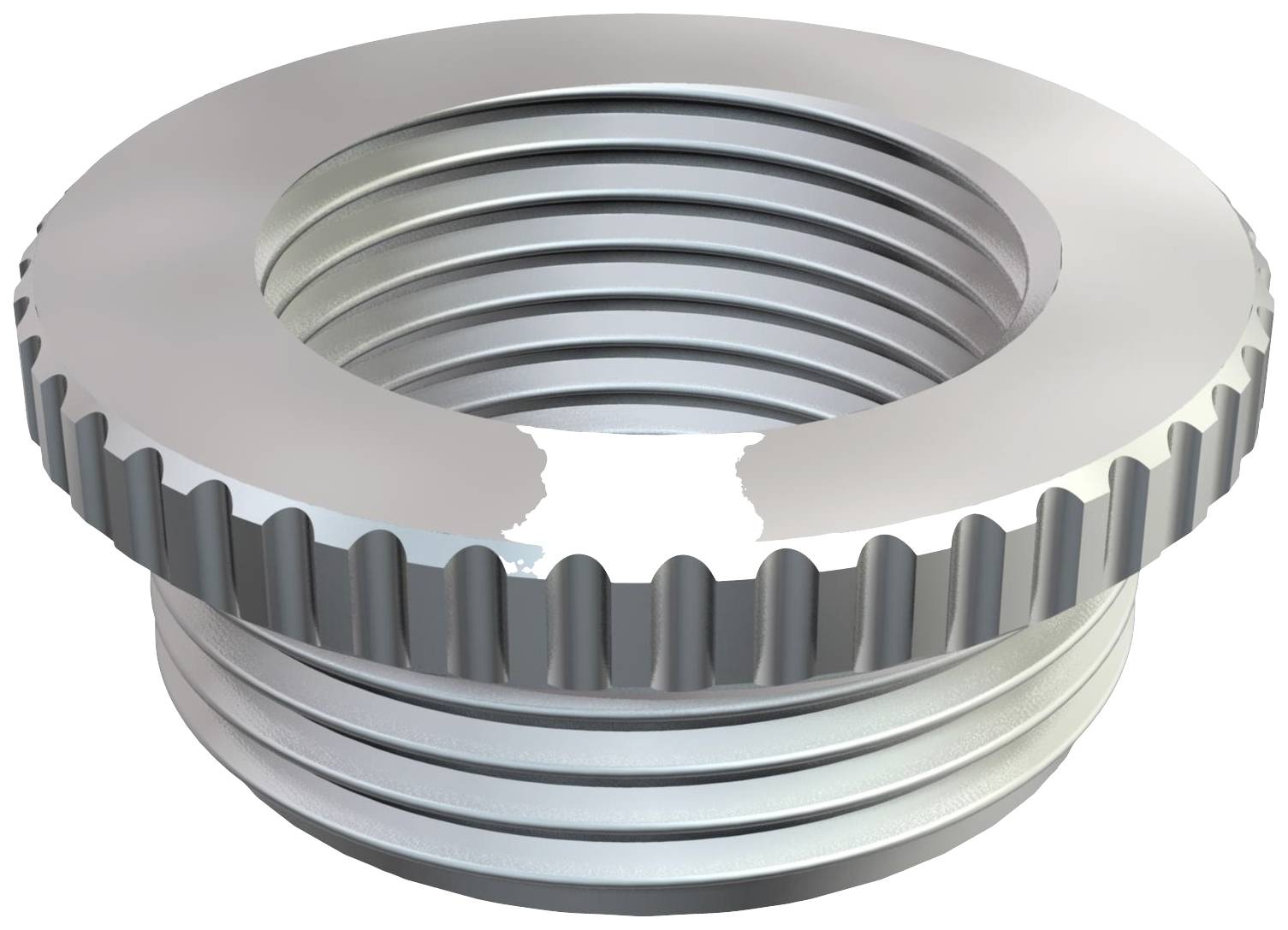 Eine silberne, metallische Gewindemutter mit geriffeltem Rand. Sie dient zur Befestigung an Schrauben in mechanischen Konstruktionen.
