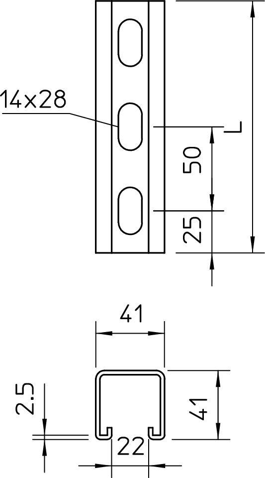 Technische Zeichnung eines Metallprofils mit Maßen: 50 mm Höhe, 22 mm Breite, 2.5 mm Dicke. Befestigungslöcher: 14x28 mm.