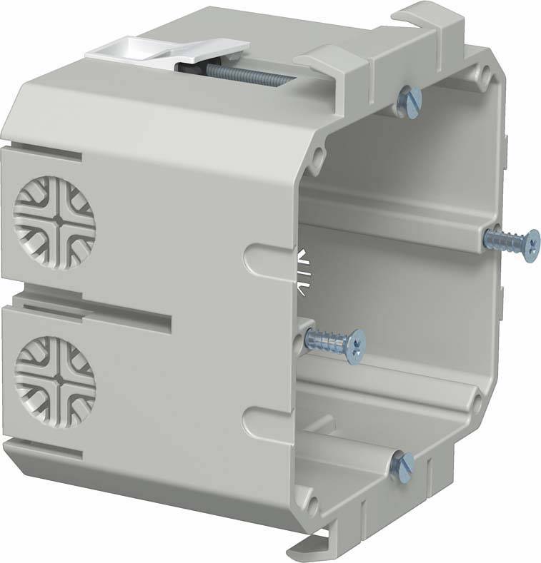 Graue Kunststoff-Wanddose mit zwei Öffnungen und seitlichen Schrauben zur Befestigung.