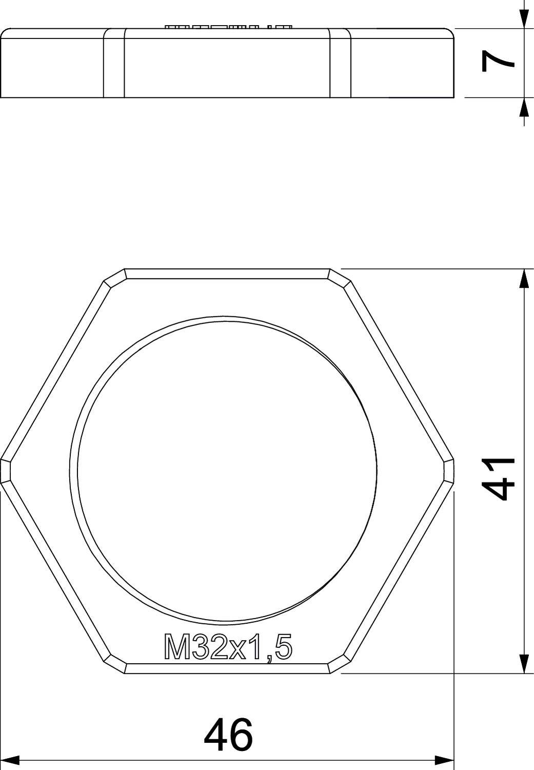 Technische Zeichnung einer Sechskantmutter M32x1,5. Maße: 46 mm Breite, 41 mm Höhe, 7 mm Dicke. Ansicht von oben und von der Seite gezeigt.