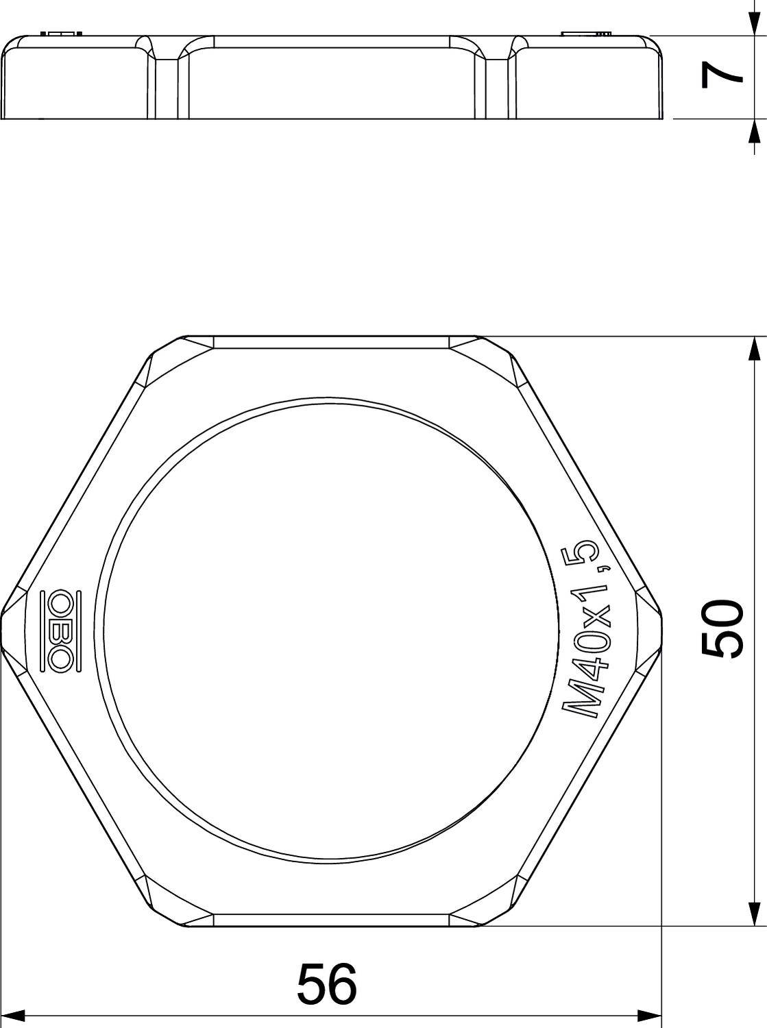 Technische Zeichnung eines Sechskant-Metallteils mit den Maßen: 56 mm Breite, 50 mm Höhe, 7 mm Dicke. Seitliche Markierung: M40x1.5.