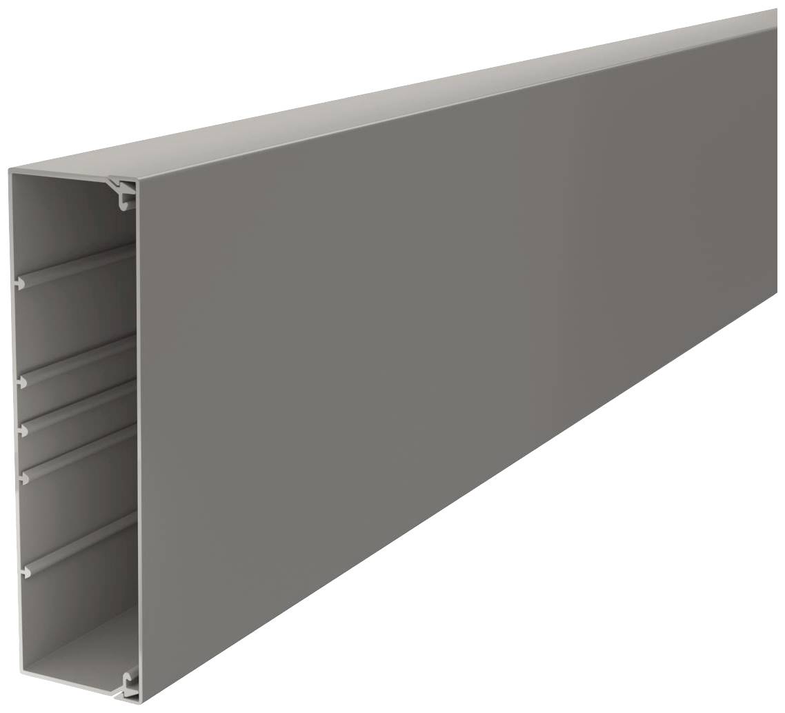 Metallische rechteckige Rinne mit offenen Enden und geripptem Inneren. Dient der Kabelführung oder Schutz in Installationen.