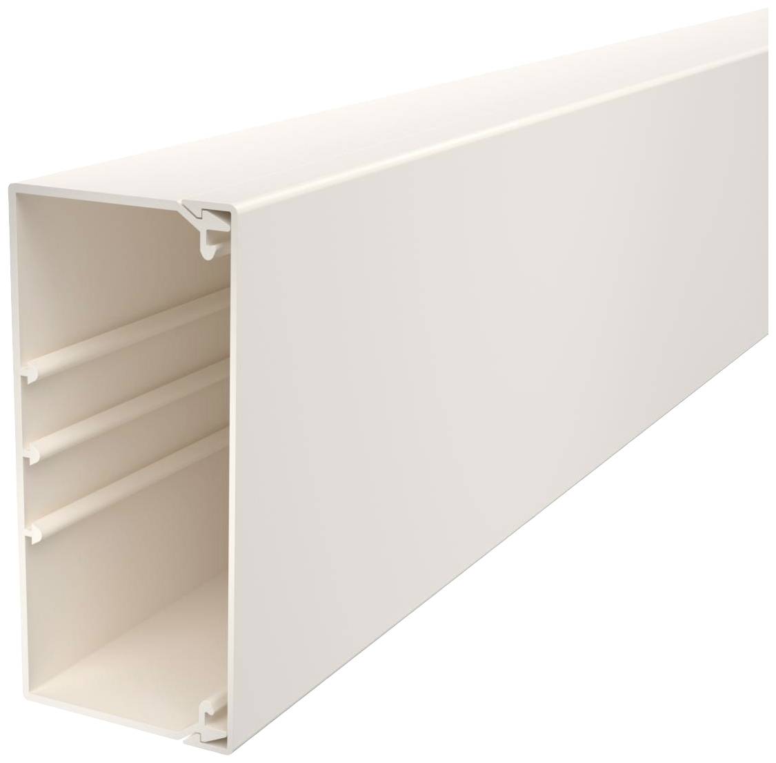 Ein rechteckiger weißer Kabelkanal für das Verlegen von Kabeln, mit drei inneren Trennwänden zur Organisation und Strukturierung von Kabeln.