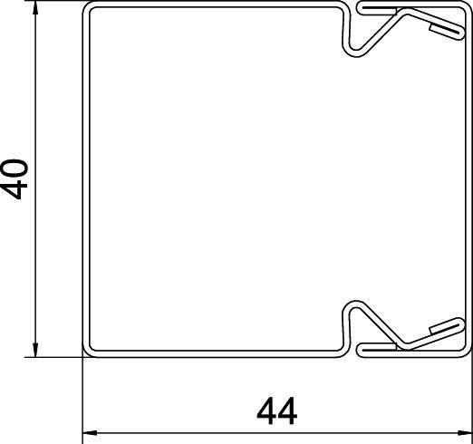 Technische Zeichnung eines quadratischen Profils: Breite 44 mm, Höhe 40 mm. Zeigt Querschnitt mit Hohlkammern und Befestigungsrillen.